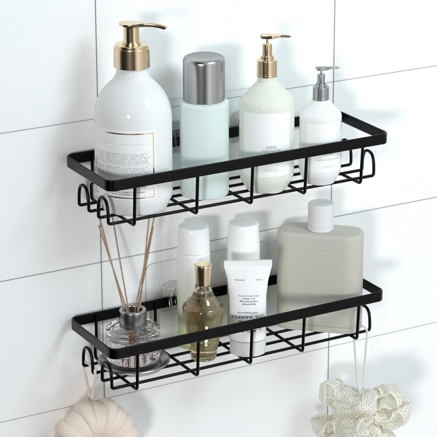 Shower Caddy Organizer - Self-Adhesive Bathroom Shelves with Hooks | No Drilling, 2 Pack Black