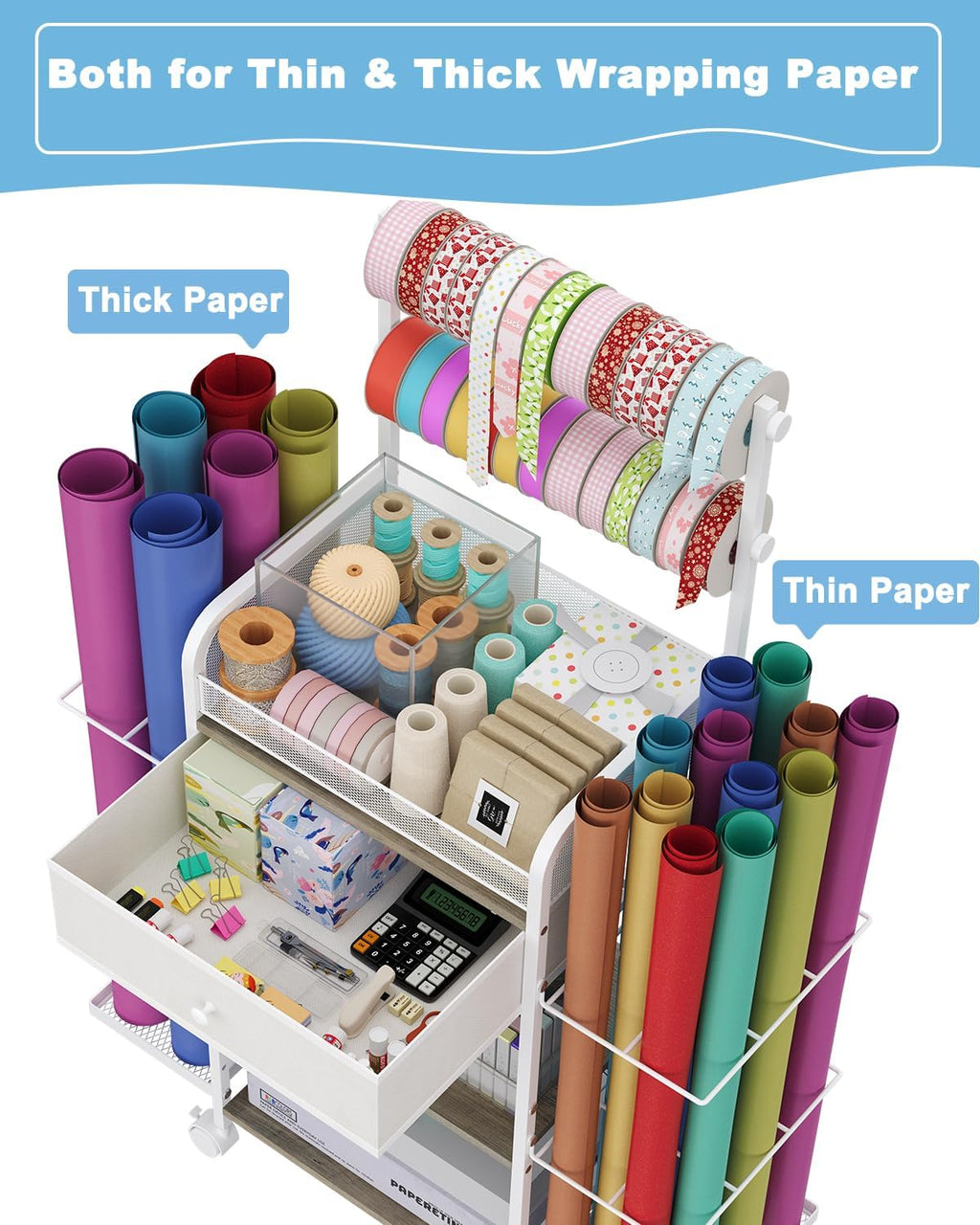 Rsaayekkt Wrapping Paper Storage Cart - Rolling Gift Wrap Station with Fabric Drawer & Ribbon Holder | Metal Craft Organizer