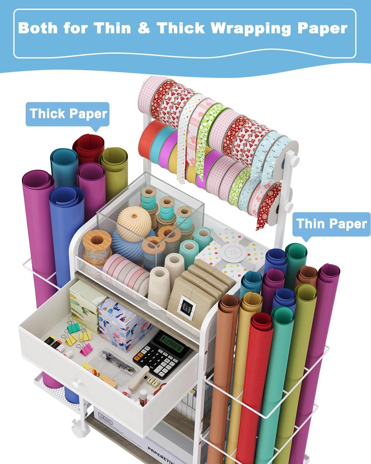 Rsaayekkt Wrapping Paper Storage Cart - Rolling Gift Wrap Station with Fabric Drawer & Ribbon Holder | Metal Craft Organizer