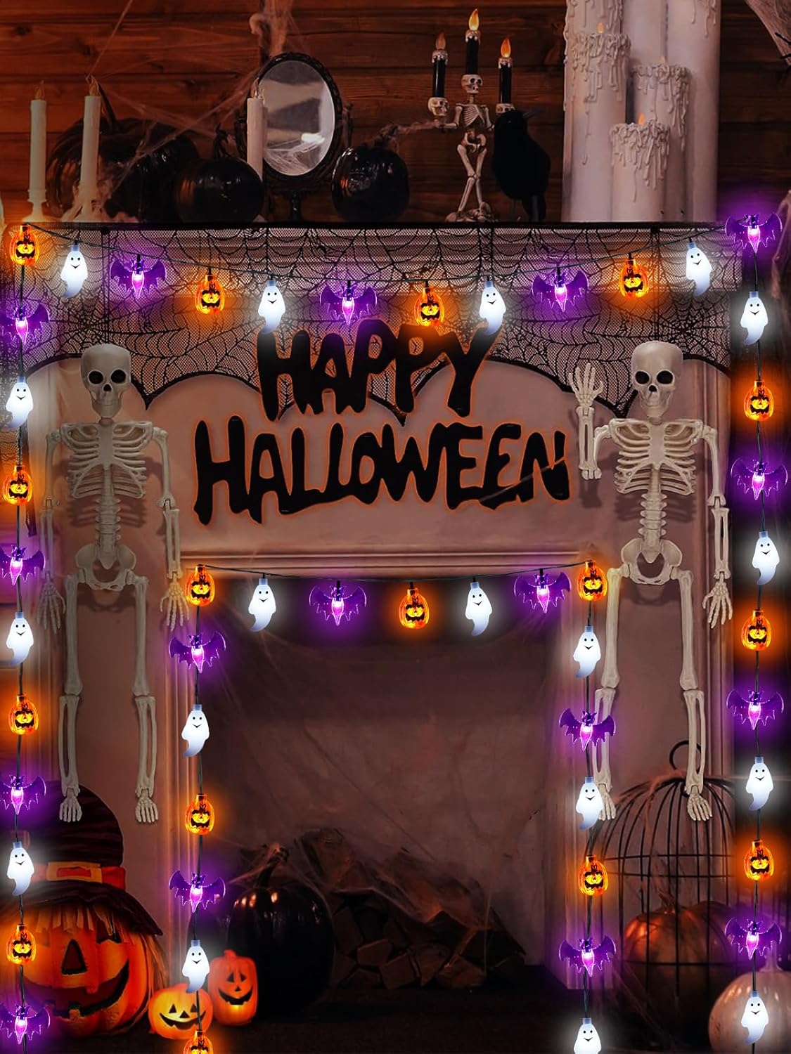 Skiennix Halloween String Lights - 30 LED 3D Pumpkin, Bat & Ghost Fairy Lights | Battery Operated with Remote & Timer