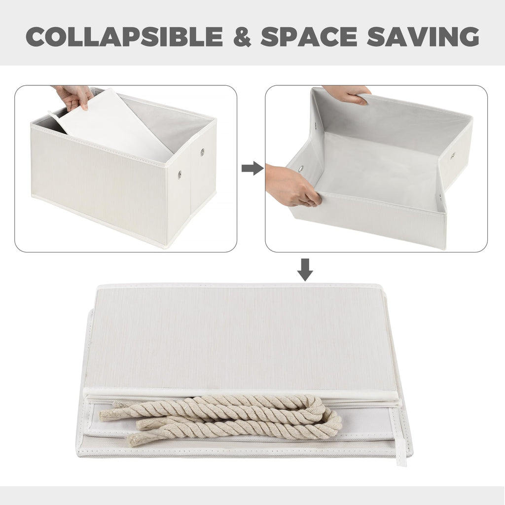 Set of 3 Fabric Bins for Organization - Foldable & Stackable With Lid & Rope Handles - Collapsible Fabric Storage Cubes Lightweight & Sturdy Bottom, Space Saving Collapsible Bin, Ivory