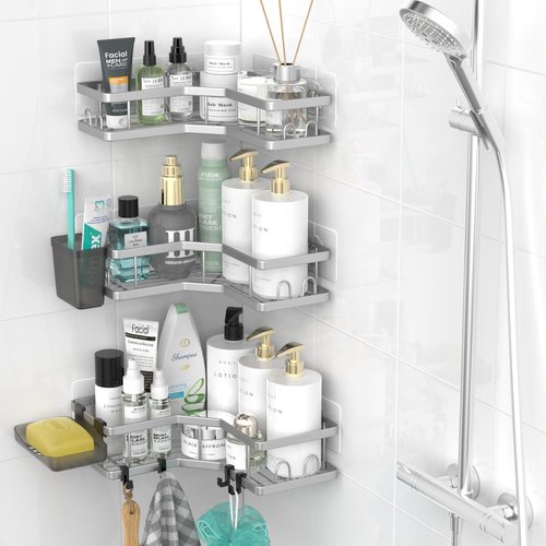 **AKTECKE Corner Shower Caddy - Adhesive Bathroom Organizer with No-Drill Installation | 3-Pack Stainless Steel**