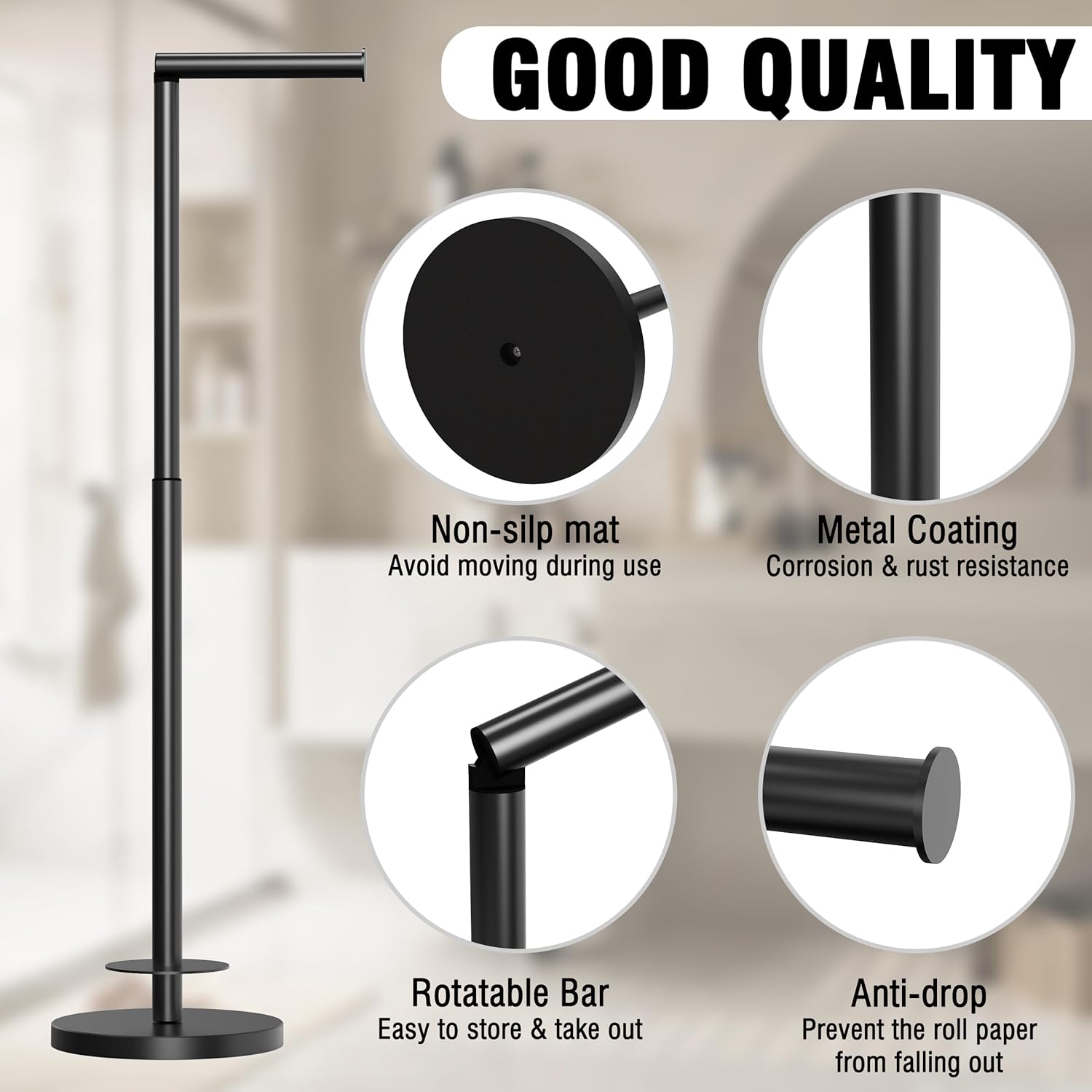 Skiennix Toilet Paper Holder Stand - Height Adjustable, Holds 6 Spare Rolls, Rustproof SUS304 Stainless Steel | Matte Black