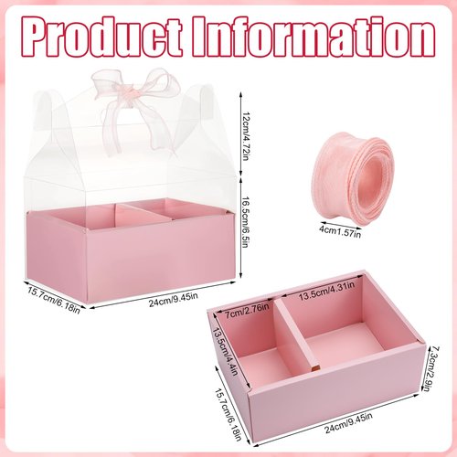 Honeydak 10 Kit 4 Inch Cake and Flower Clear Boxes, Portable Clear Gift Box for Cake Flower Pack Together, Transparent Gift Packaging with Ribbon for Valentine Wedding Holiday Party Favors(Pink)