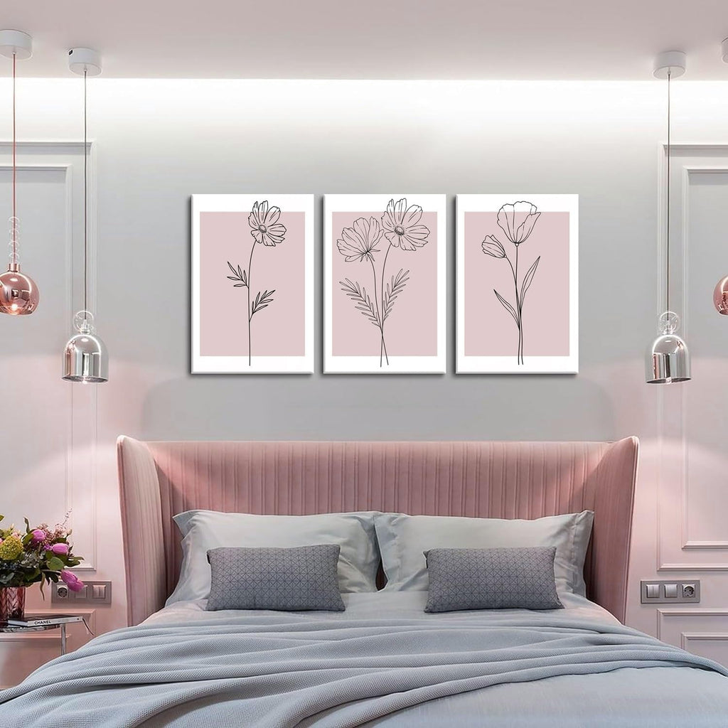 Pink Flower Market Wall Art Set of 3 - Aesthetic Canvas Prints for Bedroom & Living Room | Framed 12x16 Inch