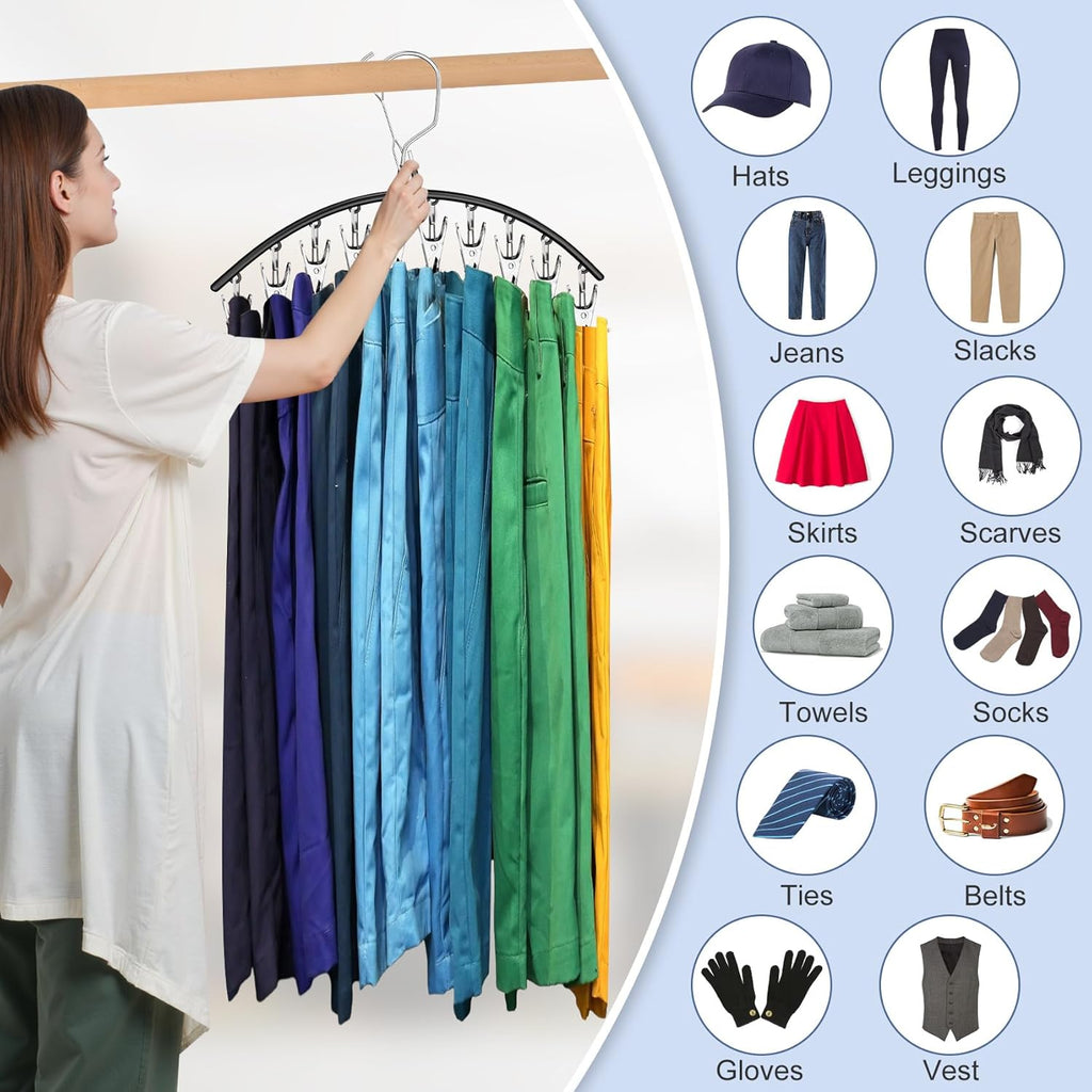Skiennix 3-Pack Skirt Pants Hangers - Space-Saving Closet Organizer with 10 Clips for Leggings, Shorts, Jeans & Skirts - Black