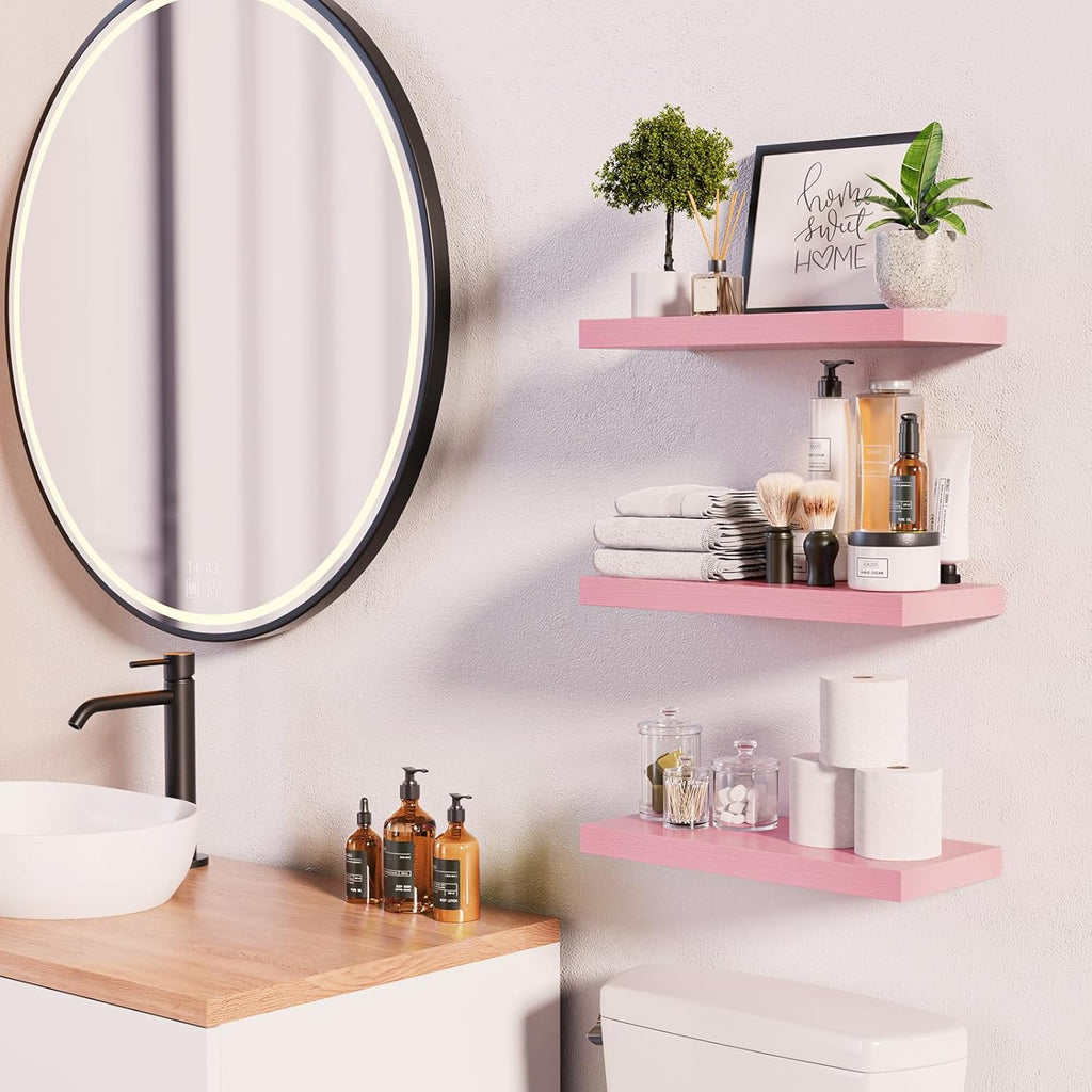 BAYKA Floating Wall Shelves - Set of 3 Pink Wood Shelves for Bathroom, Bedroom & Living Room | 15.7in, 22lbs Capacity