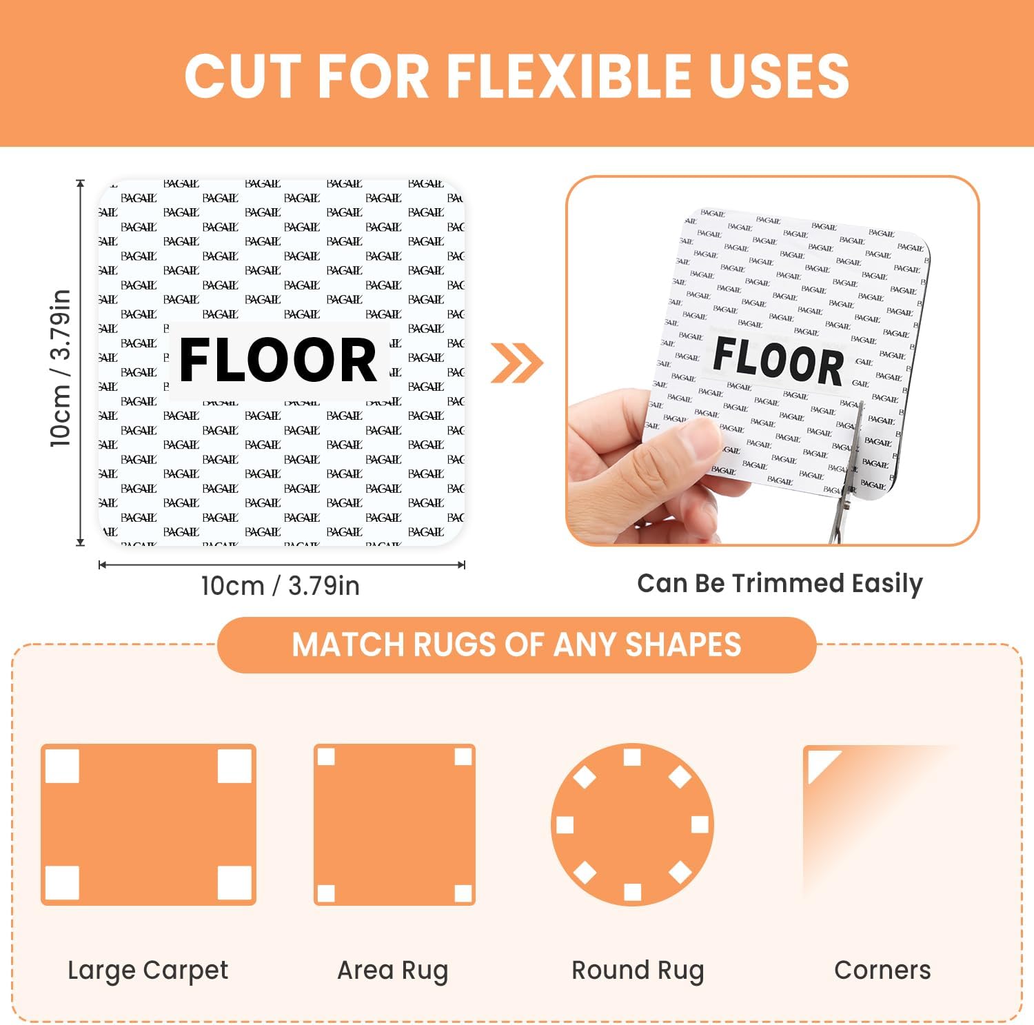 BAGAIL Non-Slip Rug Grippers - 4 Reusable Double-Sided Adhesive Corners for Hardwood & Tile Floors | 4x4in