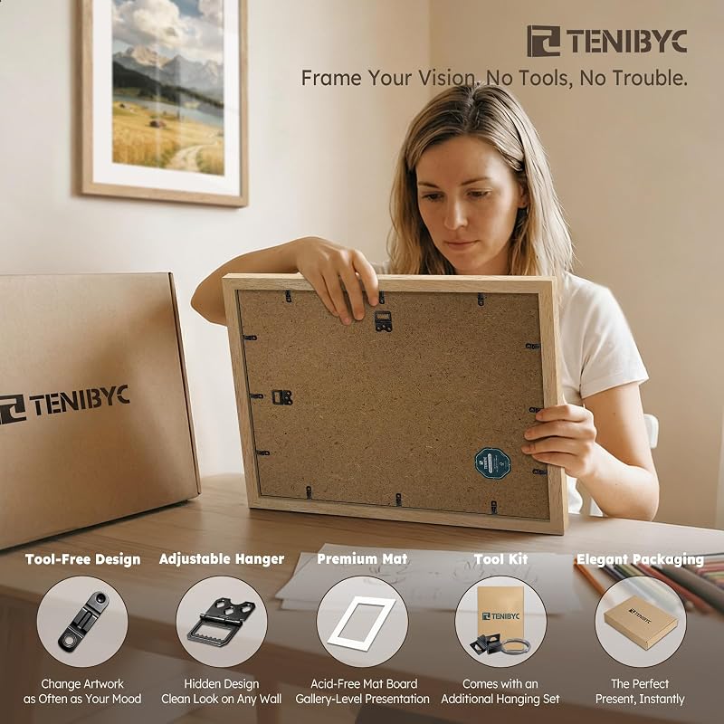 12x12 Picture Frame 4 Pack - Natural Wood, 10x10 Mat, Glass - TENIBYC Variation: Natural 4 Pack 12 X 12