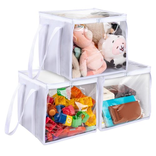 FQDGTFA 3 Pack Toy Storage PVC Boxes Storage Bins with Transparent Lid, Durable Clear Toy Organizer with Handle, Foldable Plastic Bins for Kids Playroom/Clothes/Toys/Blocks/Stuffed Animal Storage