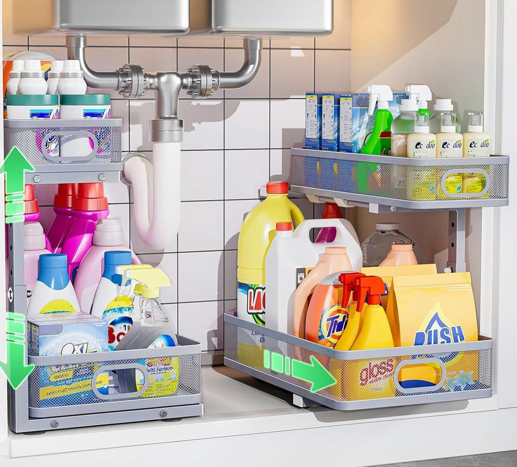 Under Sink Organizer 2 Pack - Adjustable 2 Tier Metal Storage Drawers for Kitchen & Bathroom