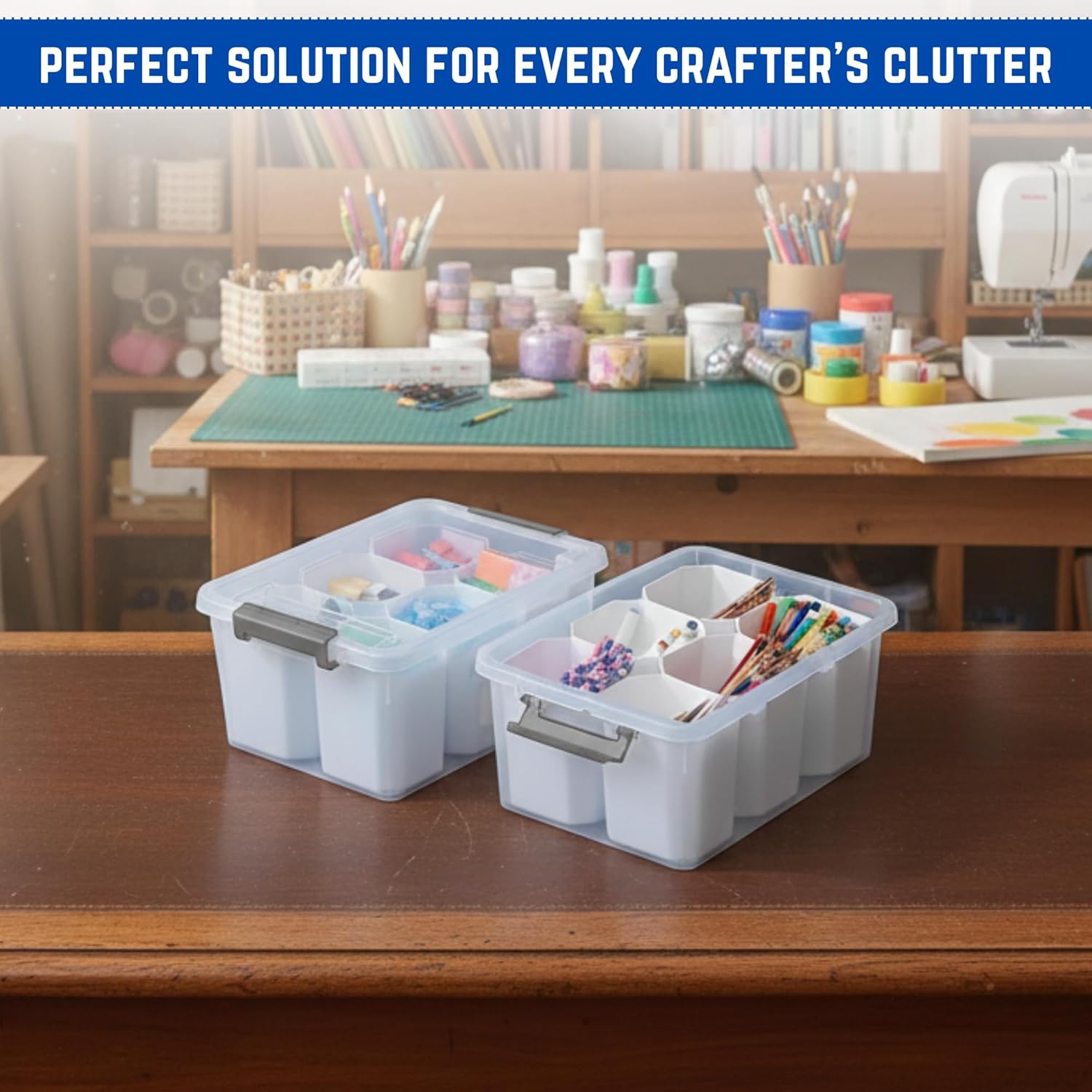 Trivon Plastic Storage Bins - Versatile 17 QT Container with 6 Removable Inserts | 15.94x7.61x7.28 Inches, White
