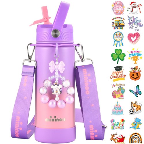Mininoo Insulated Stainless Steel Kids Water Bottle for School with Straw Lid & Strap, 50 Stickers, 18 oz(Purple/Pink)