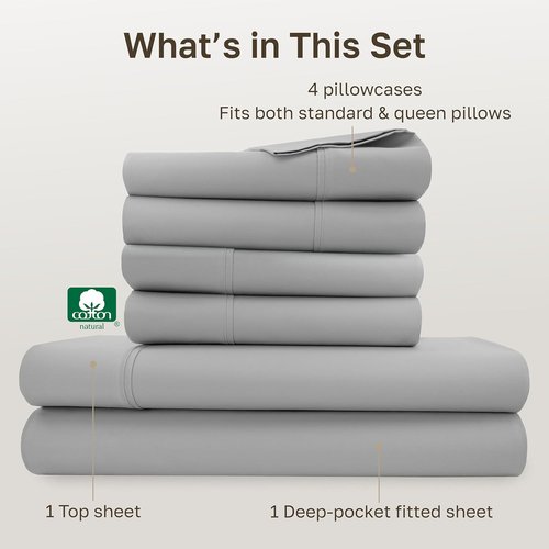 California Design Den Queen Size Sheet Set - 400 Thread Count 100% Cotton, Deep Pocket | Light Grey, 6-Pc