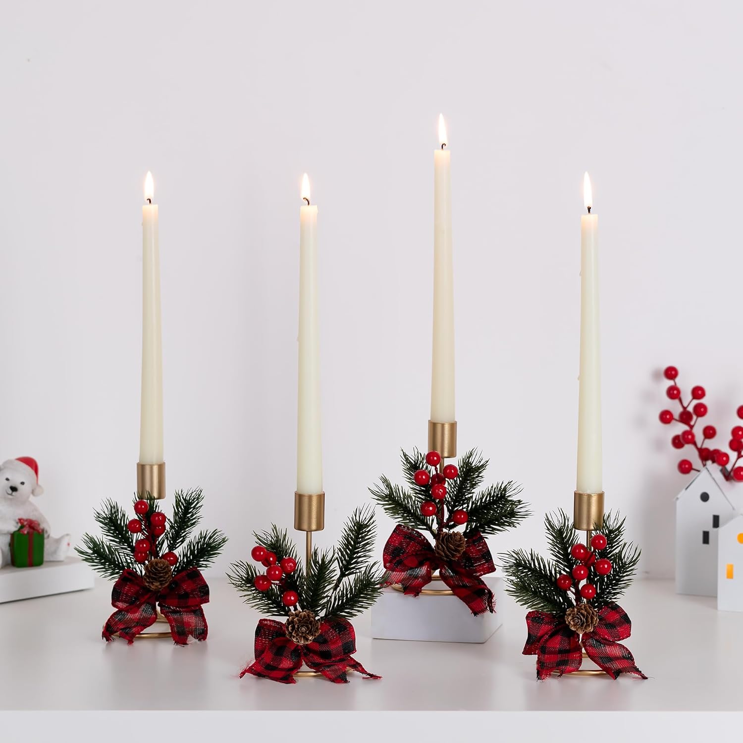 Romadedi Candle Holders - Gold Taper Candlestick Holders with Red Berry Decor | Set of 2 for Festive Christmas Centerpieces