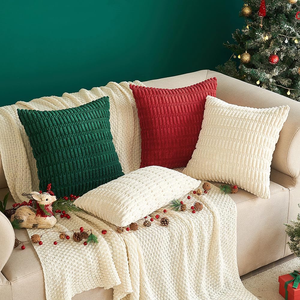 MIULEE Euro Sham Pillow Covers - Soft Boho Striped Corduroy | Set of 2, 22x22 Inch, Cream White