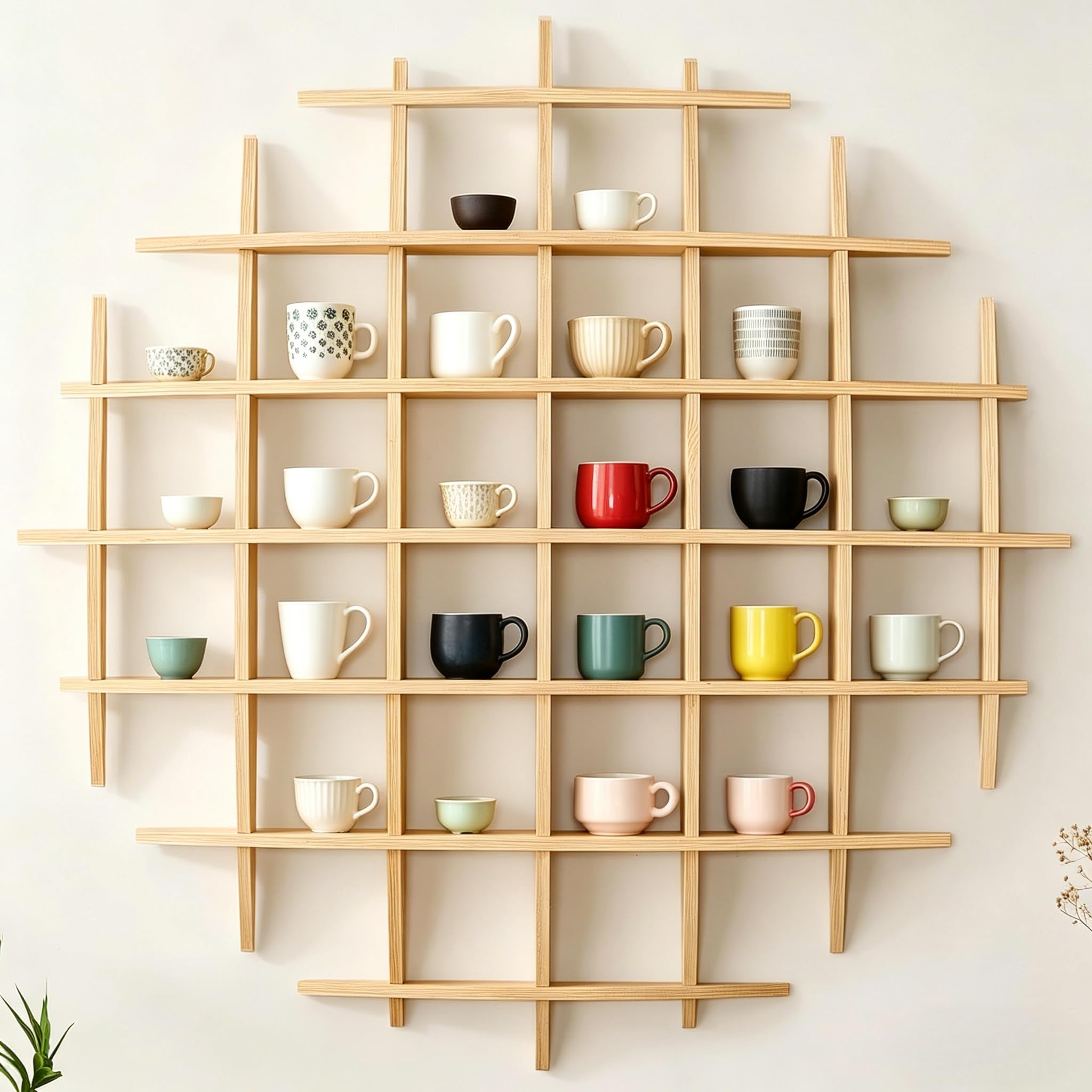 Sicrifety 46" x46"Oversize Wooden Coffee Mug Display Shelf,Rustic Wooden Floating Curio Shelf-Mug Holder for Wall,Wall Mounted Tea Cup Display Stand for Living Room Kitchen Office