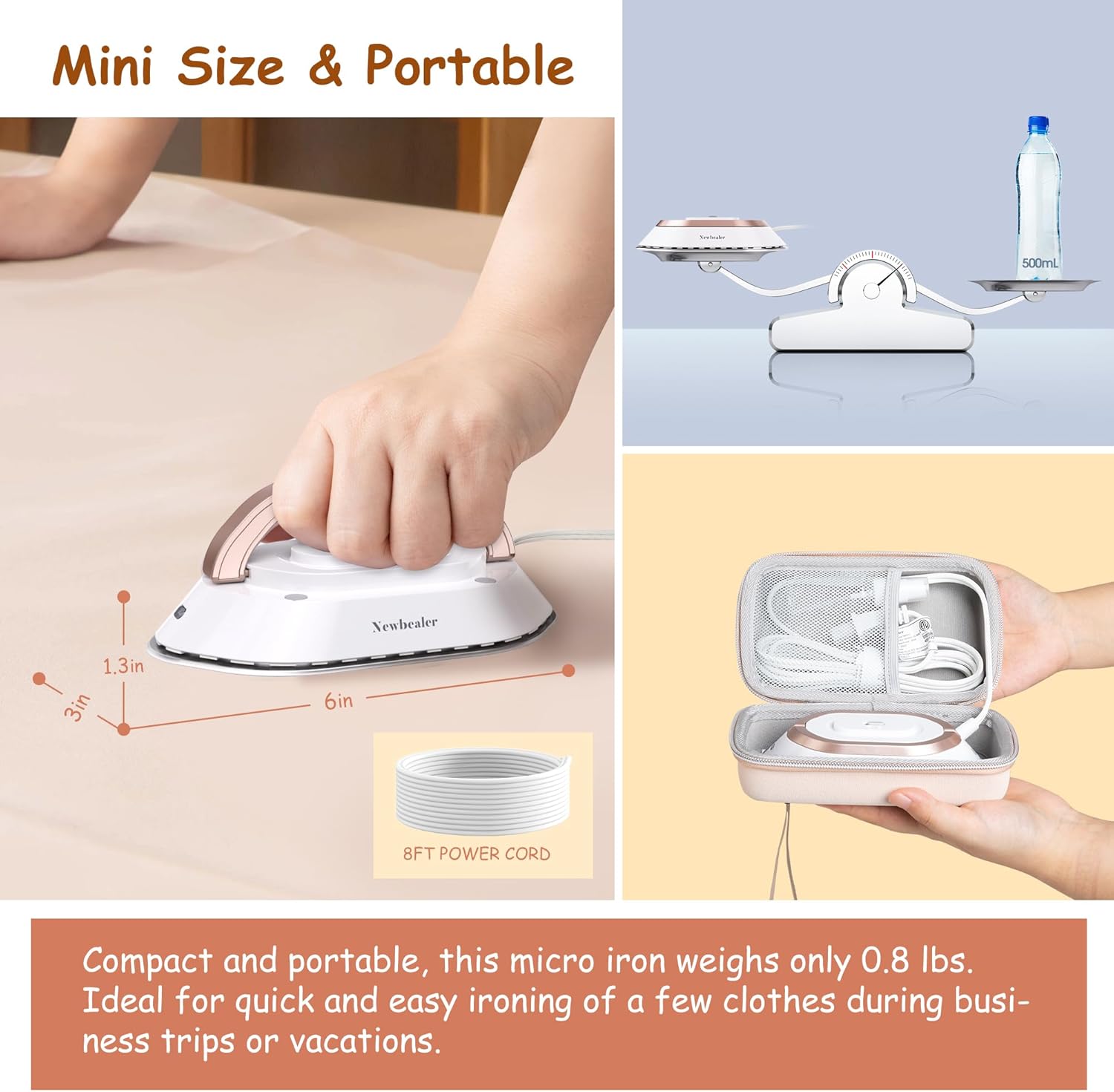 Newbealer Travel Iron - Mini Dry Iron with Global Voltage, 100-240V, 300W, Non-Stick Soleplate (Gold)