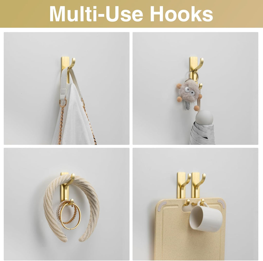 Pickpiff Adhesive Wall Coat Hooks - Heavy-Duty Stick-On Metal Hangers for Towels, Bags & Clothes - Gold, 6 Pack
