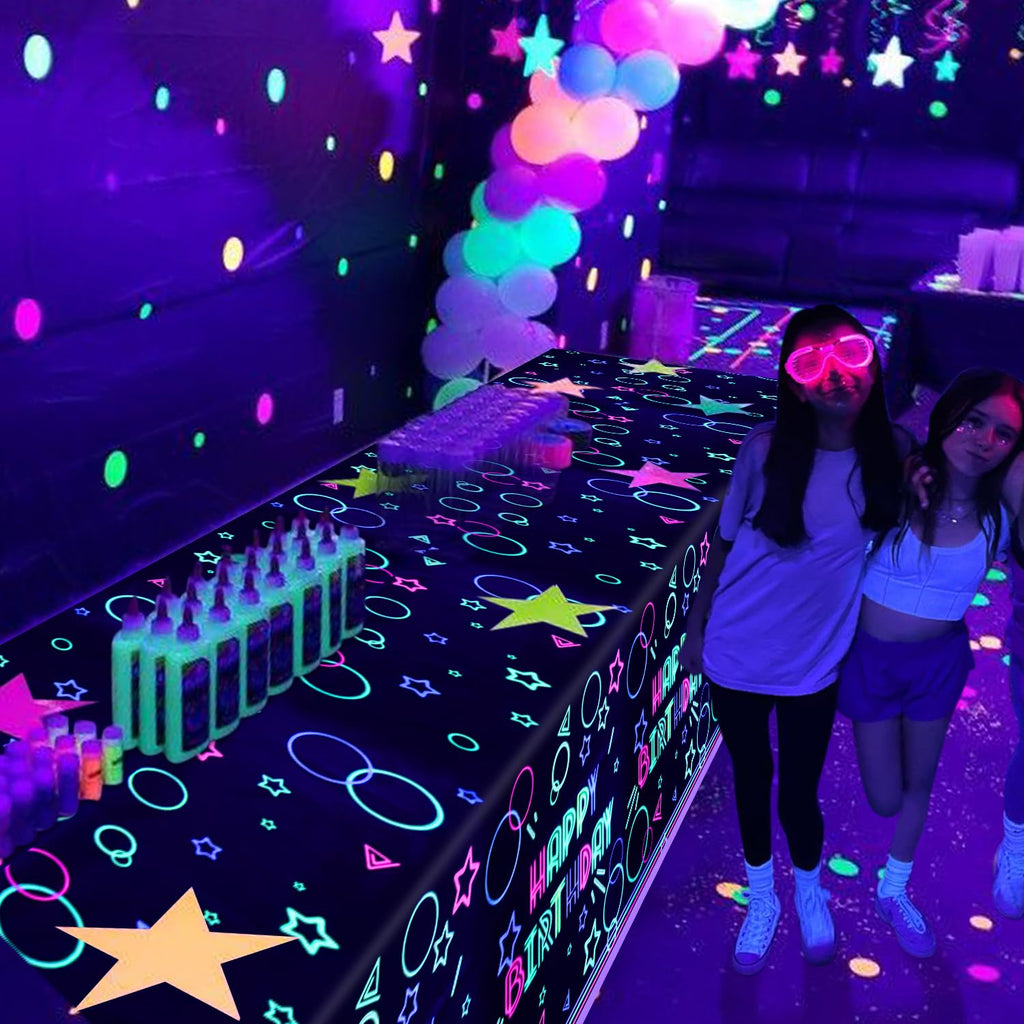 XJLANTTE 4 Pack Glow Party Tablecloth Supplies - Neon Plastic Birthday Table Cover, Black Light Fluorescence Rectangle Table Cloth 51"x86.6" for Glow in The Dark Birthday Party Decorations