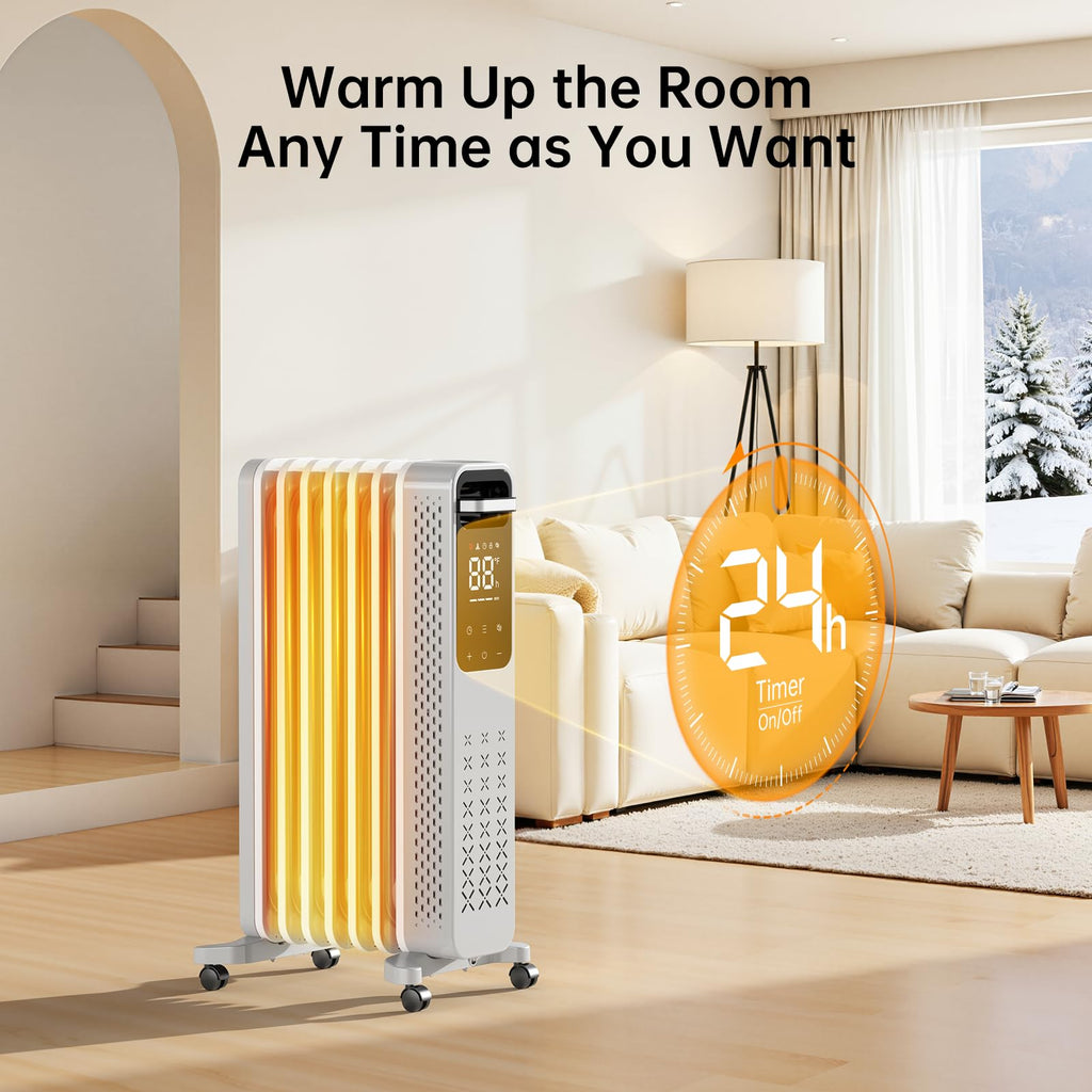 ZAFRO 1500W Oil Filled Radiator Heater, Energy Saving & Digital Thermostat, 24H On/Off Timer, Quiet Portable Wheeled Heater with Tip-Over & Overheat Protection for Home Office Indoor Use, Grey