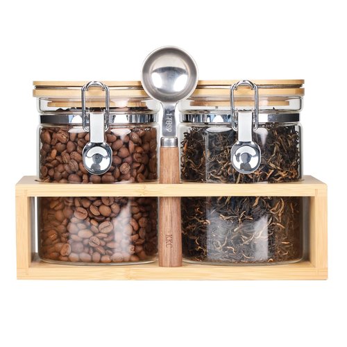 KKC HOME ACCENTS Airtight Borosilicate Glass Loose Leaf Tea & Coffee Beans Storage Jars with Bamboo Clamp Lid & Scoop - Glass Storage Canisters for Brown Sugar, Matcha, Pantry Organization - 27 Fl.Oz