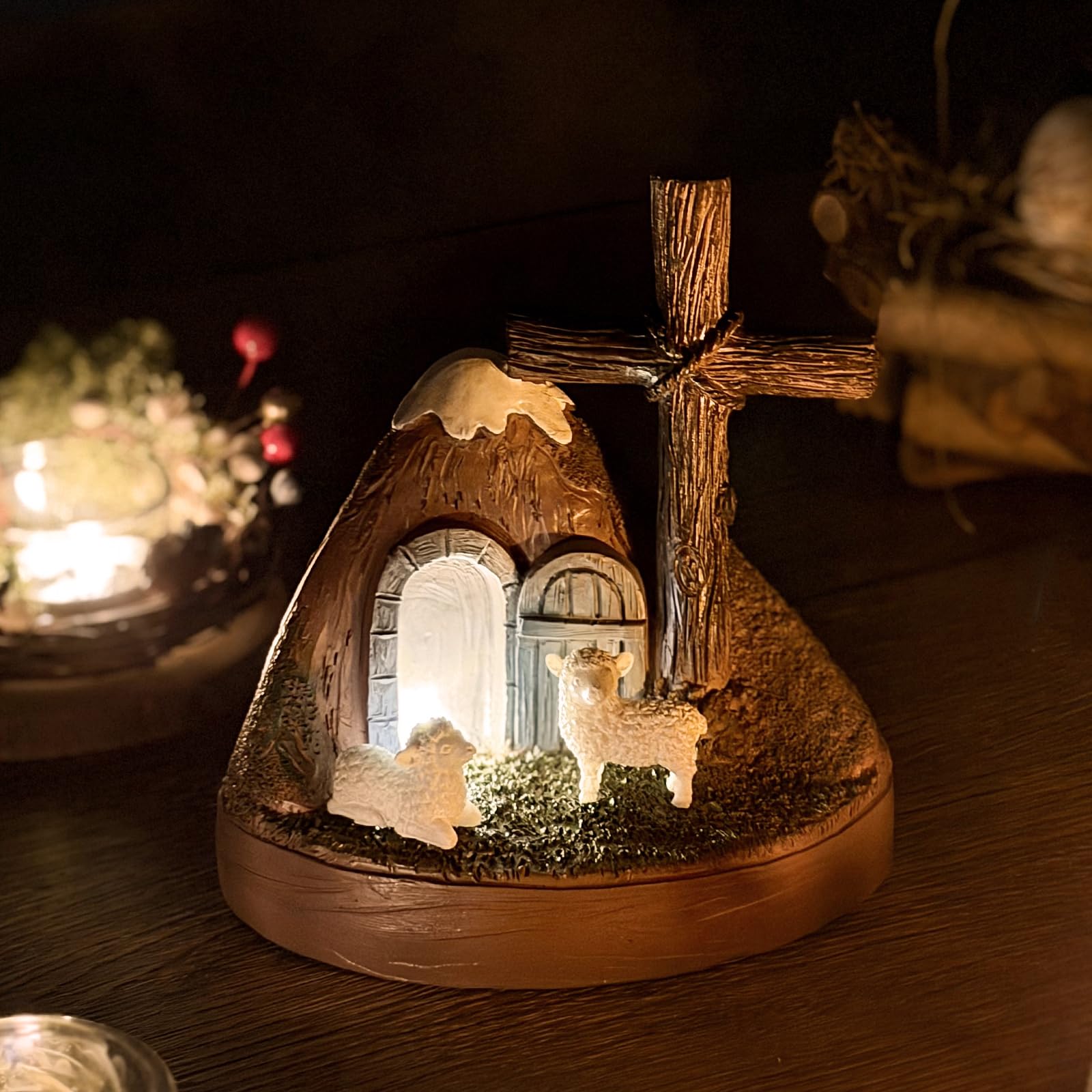 Giunn Tomb Easter Scene and Christian Cross Decoration, He is Risen Tomb Sculpture, Jesus Easter Decor, Jesus Nativity Scene Decoration for Religious Decorations, Home Office Tabletop, Shelf Decor