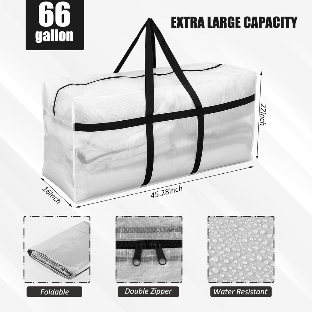 Skiennix 66 Gallon Extra Large Moving Bags - Heavy Duty Storage Tote with Strong Zipper Handle | Foldable Clear Design