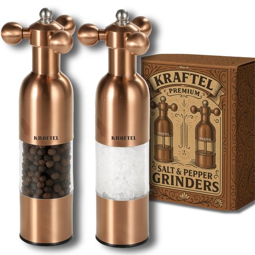 KRAFTEL Premium 8" Salt and Pepper Grinder 2PK. Large Peppermill - Refillable, Adjustable Coarse, Antique Stainless Steel Spice Shaker. Clear Acrylic aesthetic - Cute Copper Color Kitchen Gift for Mom