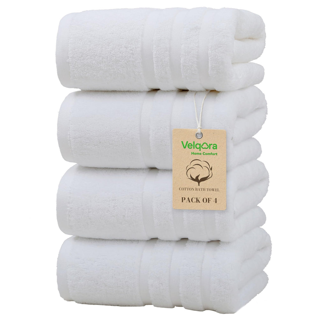 Velqora Bath Towels 4 Pack, Large 30 x 60 Inches, 100% Cotton Towels, Balanced Weight, Soft and Absorbent for Bathroom, (White)