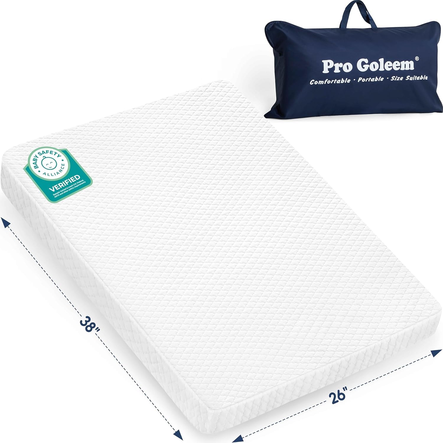 Pro Goleem Pack and Play Mattress - Waterproof Firm Playard Mattress Pad with Carry Bag | 38"x26" Size