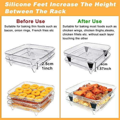 BYKITCHEN 8-Inch Square Air Fryer Rack - 3-Piece Stackable Stainless Steel Dehydrator Set for Cosori & Ninja Pro XL