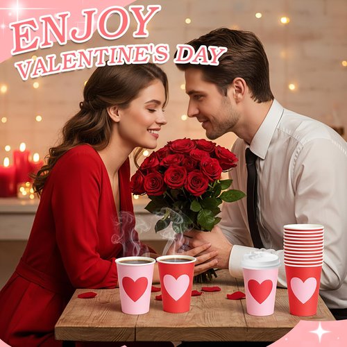 Sunnychicc 60 Set Valentine's Day Disposable Coffee Cups with Lids 12oz Red Pink Hearts Patterns Paper Cups Beverage Drinking Cup for Anniversary Wedding Bridal Shower Party Supplies 2 Style