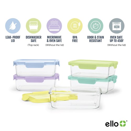 Ello Color Lock 5 Cup 10PC, 5 Pack Glass Meal Prep Sets Leak-Proof Glass Food Storage Containers with Airtight BPA-Free Plastic Lids, Dishwasher, Microwave, and Freezer Safe, Purple Rain