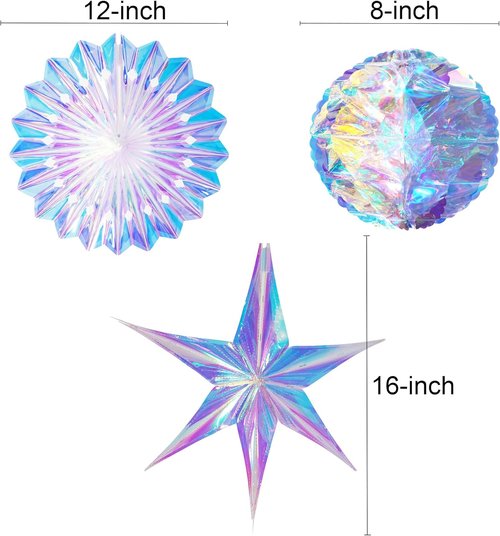 GREATRIL Iridescent Party Decorations - 3 PCS Honeycomb Ball, Paper Fan & Star Ornament Set