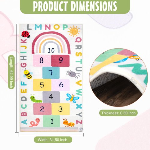 OVALLEY Kids Hopscotch Rug - Indoor, Game Mat with Numbers & Squares for Learning & Activity - Floor Runner, Number Games - Hop Scotch Rugs for Kid & Adult - Rainbow Alphabet mat for Small Classroom