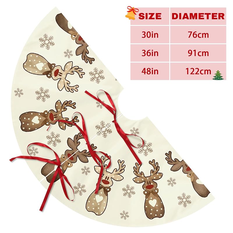 Reindeer Snowflakes Christmas Tree Skirt 36 Inch – Cream Brown Polka Dot with Heart Bow (Variation: Reindeer Snowflakes+36 Inch)