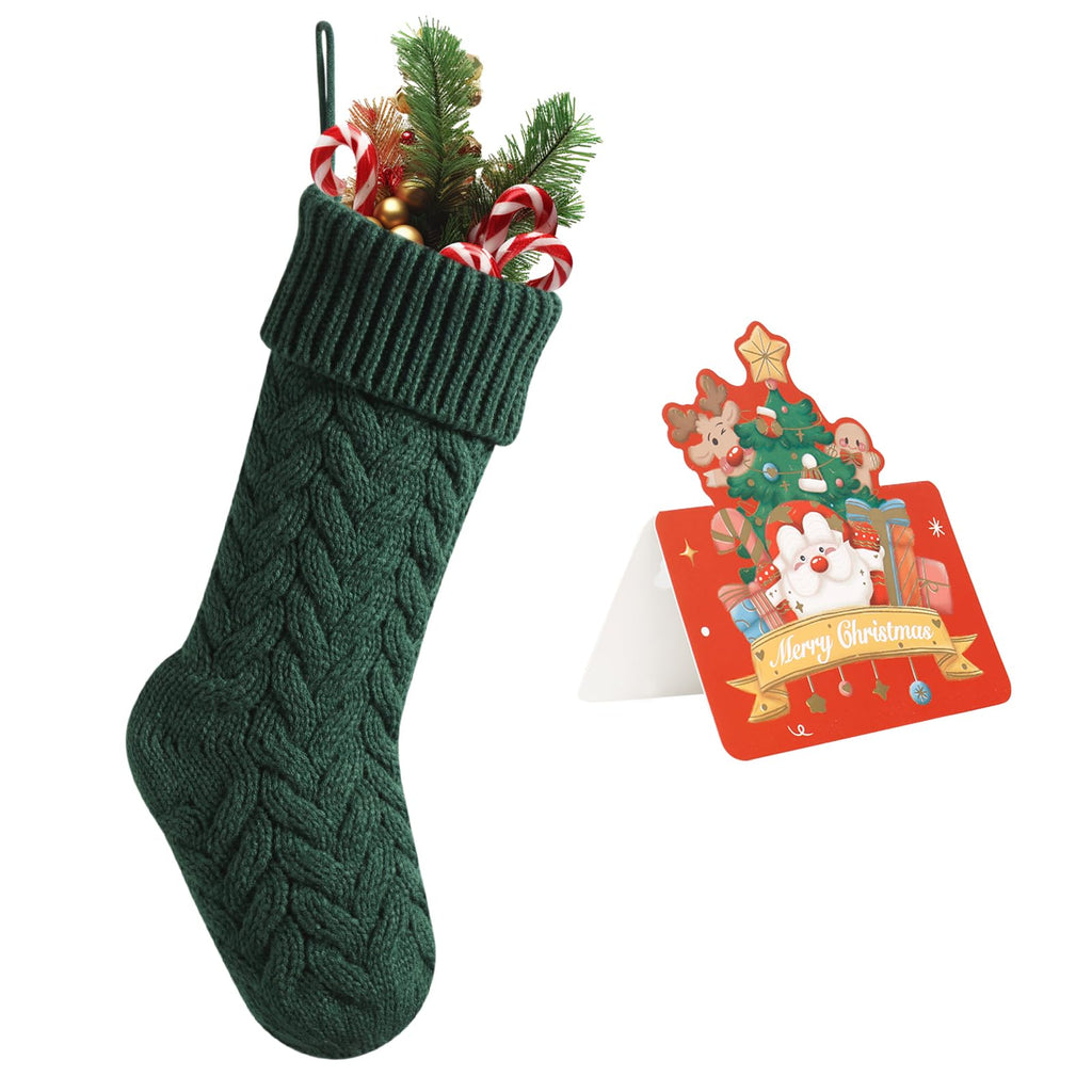 meioro 18 Inches Christmas Stockings, Large Size Cable Knit Christmas Stocking, Fireplace Hanging Xmas Stocking for Holiday Family Party Decoration with Greeting Card(Green)