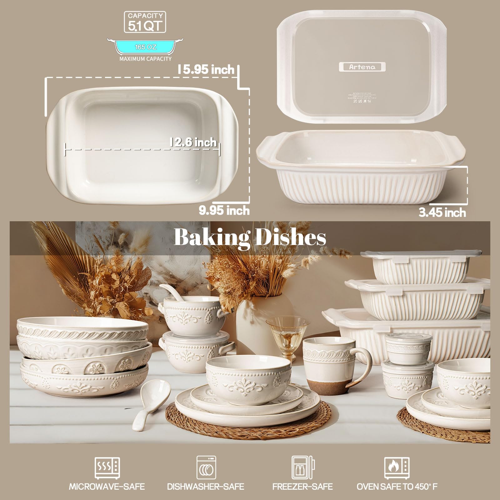 Artena Baking Dish 5.1 Quarts, Casserole Dishes For Oven, Baking Pan With Handles, Lasagna Pan Deep, Large Casserole Dish, Rectangular White Ceramic Bakeware (Baking Dish With Lids)