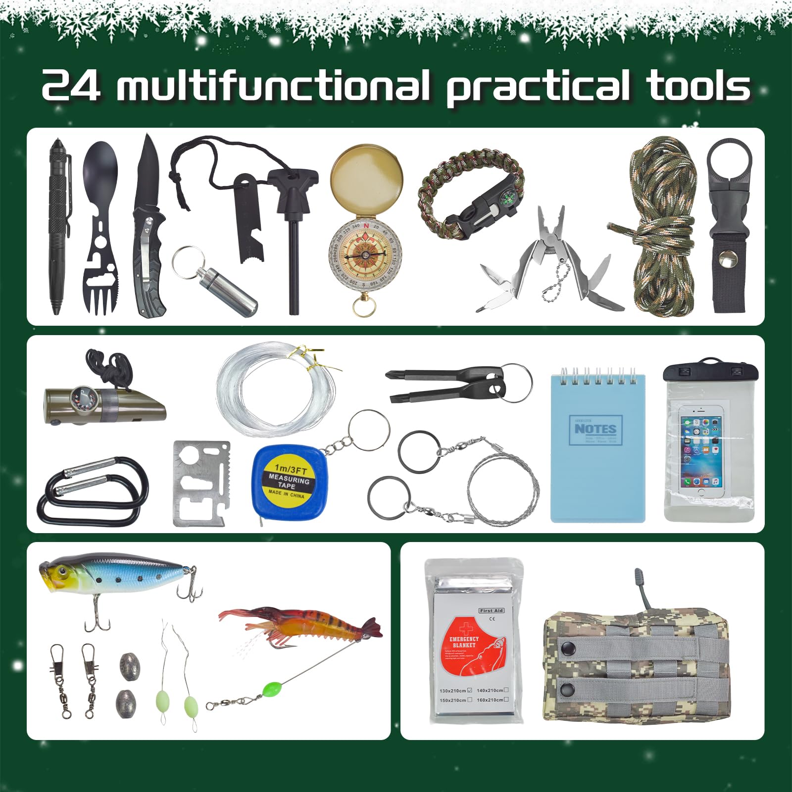 Survival Kit Advent Calendar - 24 Days Christmas Countdown Calendar Emergency Survival Gears Gift for Men Teen Adult, 2025 Xmas Cool Gadgets for Outdoor Camping Fishing Hunting Adventure