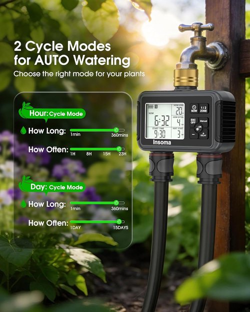 Insoma Water Timer - Brass Inlet & Outlet | 2-Zone Outdoor Hose Timer for Garden Irrigation