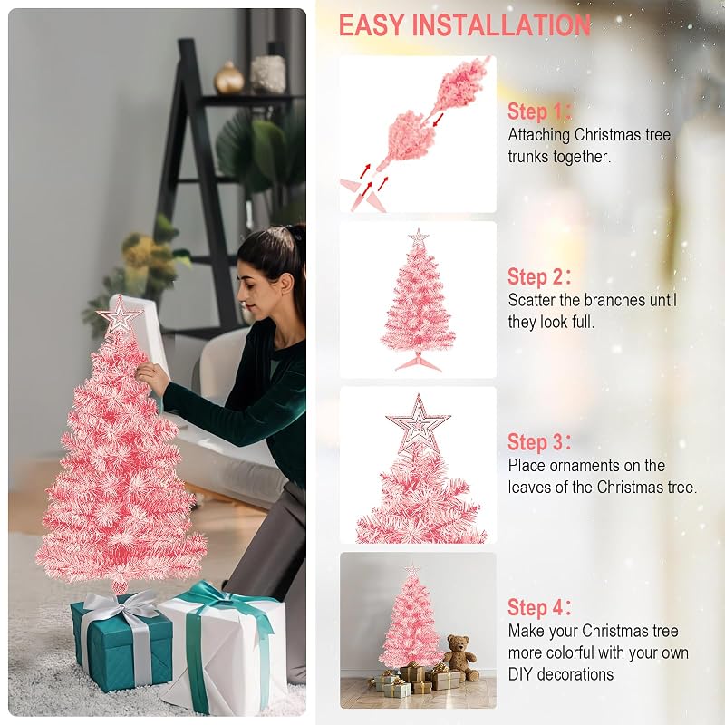 3ft Pink Premium Hinged Artificial Christmas Tree - Tabletop Holiday Decoration with Foldable Base