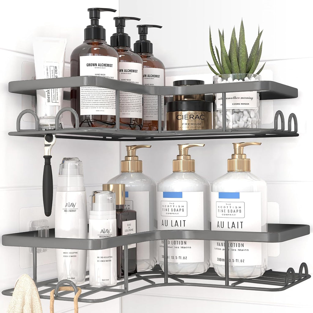 Sakugi Corner Shower Caddy - Rustproof Stainless Steel Organizers with 8 Hooks | No-Drill, Space-Saving, Grey, 2 Pack