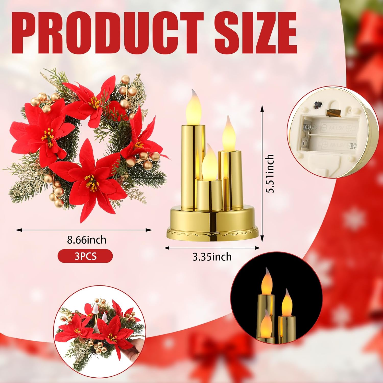 Tuanse Christmas Poinsettia Centerpieces - Flameless Candle Holders with LED Candles | Red & Gold Decor