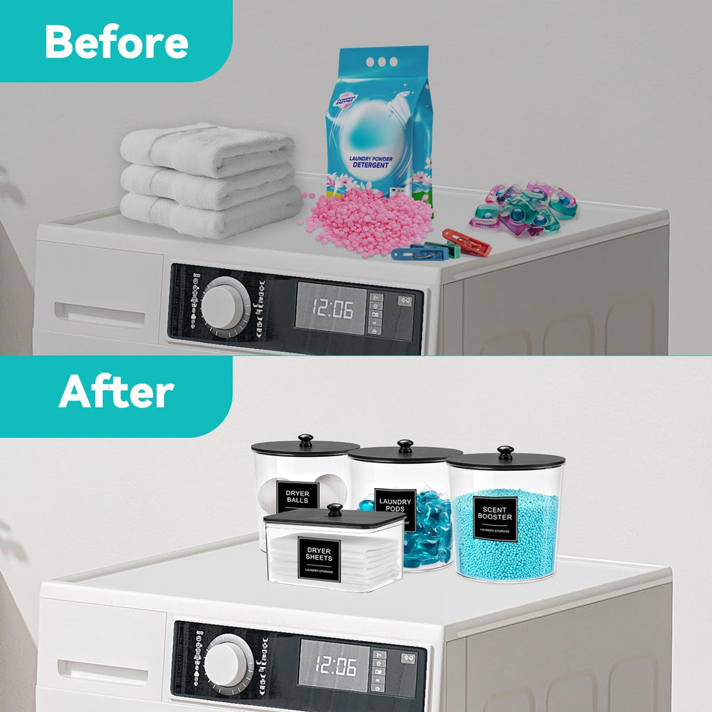 SACIOVEE Laundry Pods Container & Dryer Sheet Holder, Laundry Room Organization and Storage Jars with Lids, Labels & Scoops for Powder Detergent Scent Booster, Black Lid