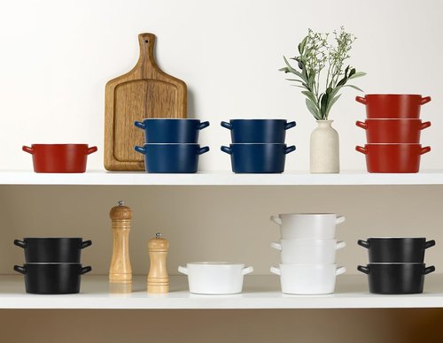 Kook Soup Crocks - Stackable Ceramic Bowls | Oven, Microwave & Dishwasher Safe - 18 oz, Set of 4 (Matte Red)