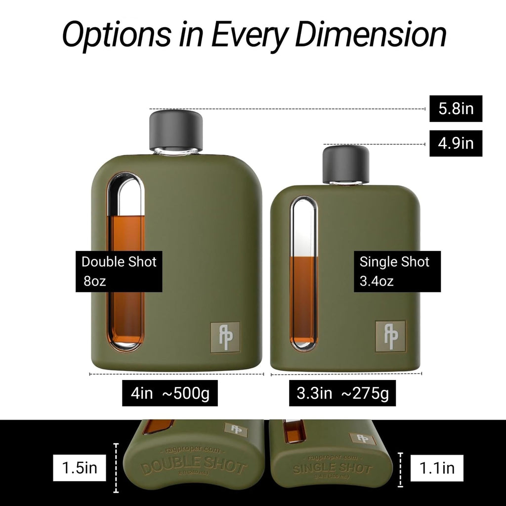 Ragproper Modern Glass Hip Flask for Men | Cork & Silicone Lid Liners | Firm Grip | Curved Edges | Durable Silicone Covered Flask for Whiskey | Liquor | Sprits | 100ml Single+ 240ml Double | Green