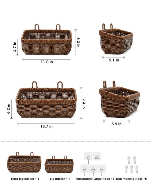 AceList Wall Hanging Basket, Boho Style Hand-Woven Hanging Storage Baskets - Set of 2, Ideal for Boho Room Decor, Kitchen, Garden, and Living Room(Brown)