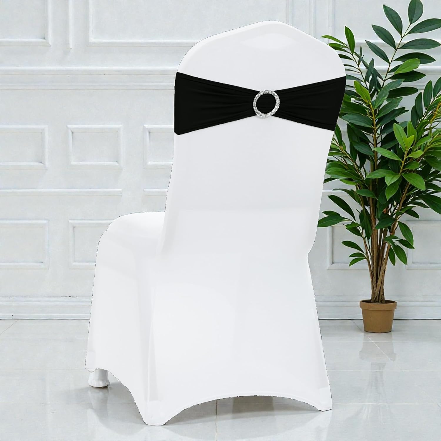 MDS Premium Spandex Chair Sashes - Stretchy Bow Covers with Buckle Slider | 100 Pack - Black