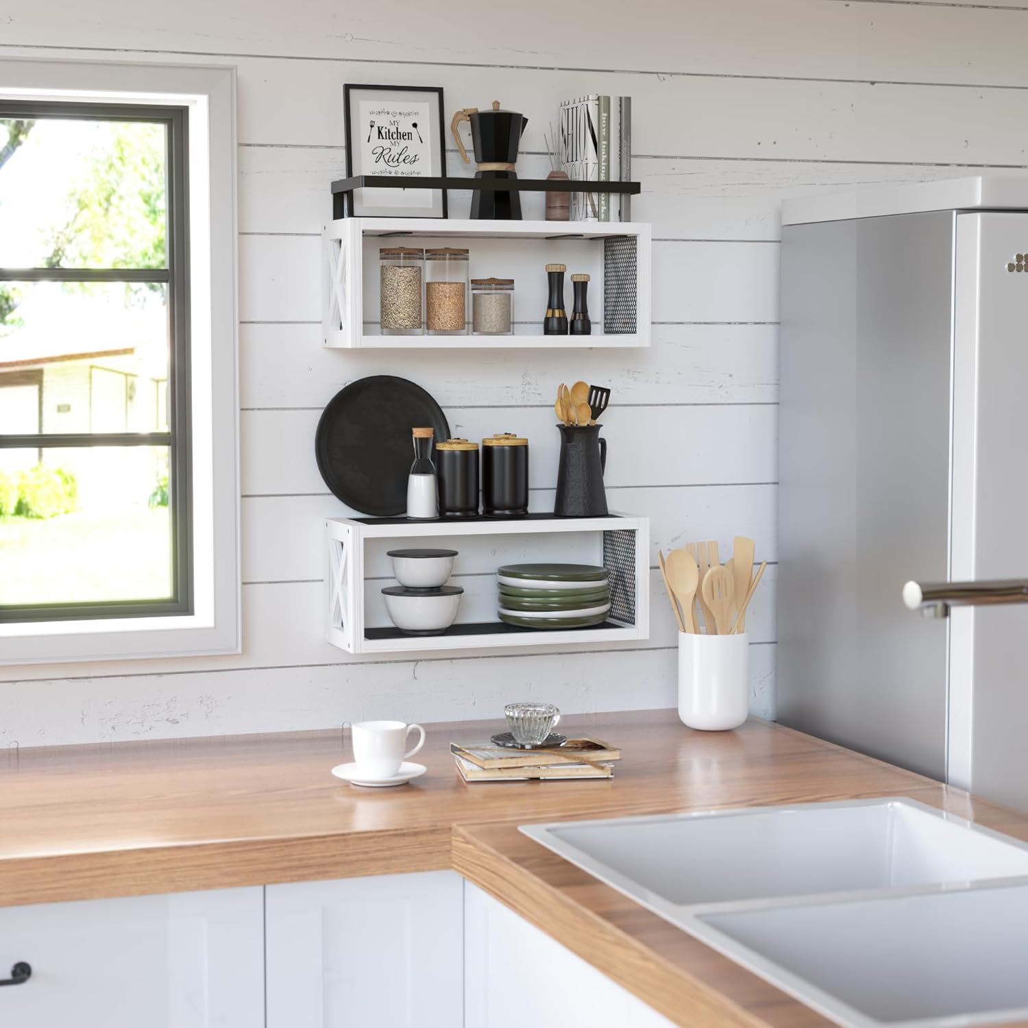 RICHER HOUSE Floating Shelves - Rustic Wood Wall Décor with Guardrail for Bathroom & Kitchen - White